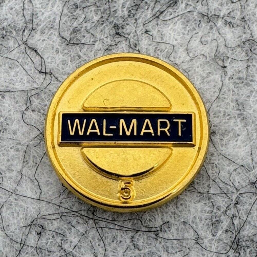 Wal-Mart 5 Year Gold Tone Small Round Award Service Lapel Vest Hat Pin Enamel